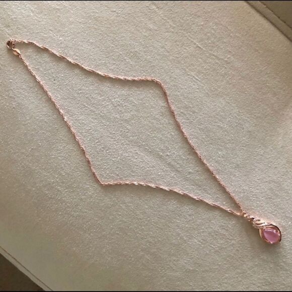 ELEGANT Rose Gold Tone CZ Diamond Pink Opal Necklace - Picture 3 of 7